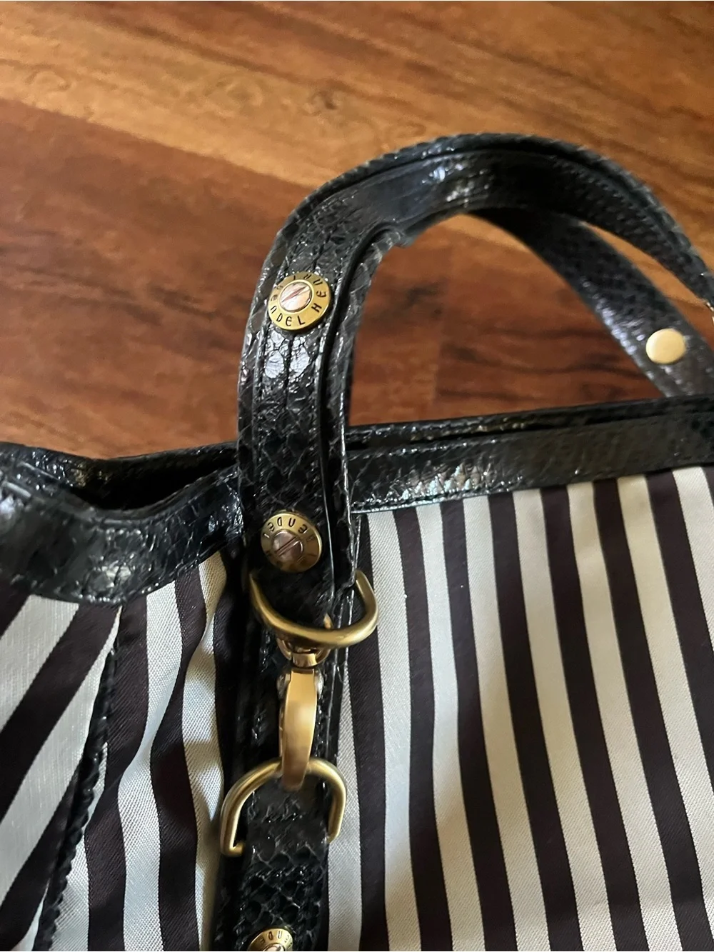 Henri Bendel Large Centennial Striped Barrel Bag Black Snake 712 5th Ave